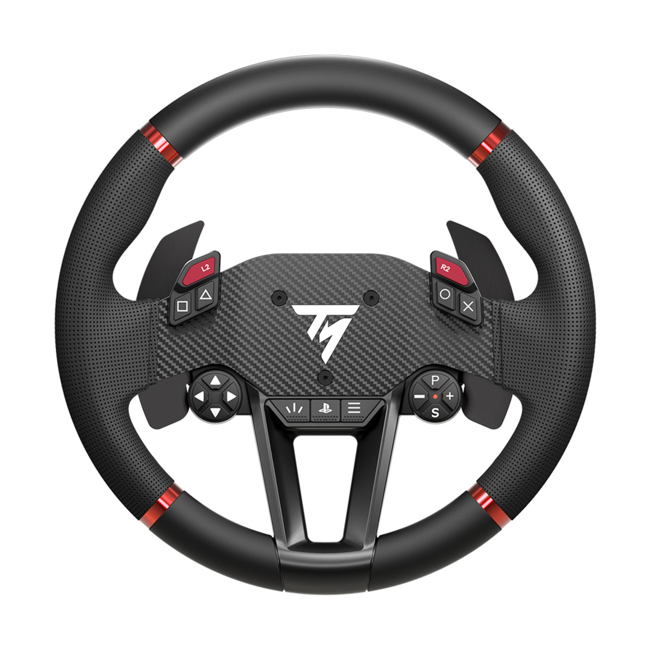 Volante nero, dettagli rossi, con pulsanti e levette per il gaming.