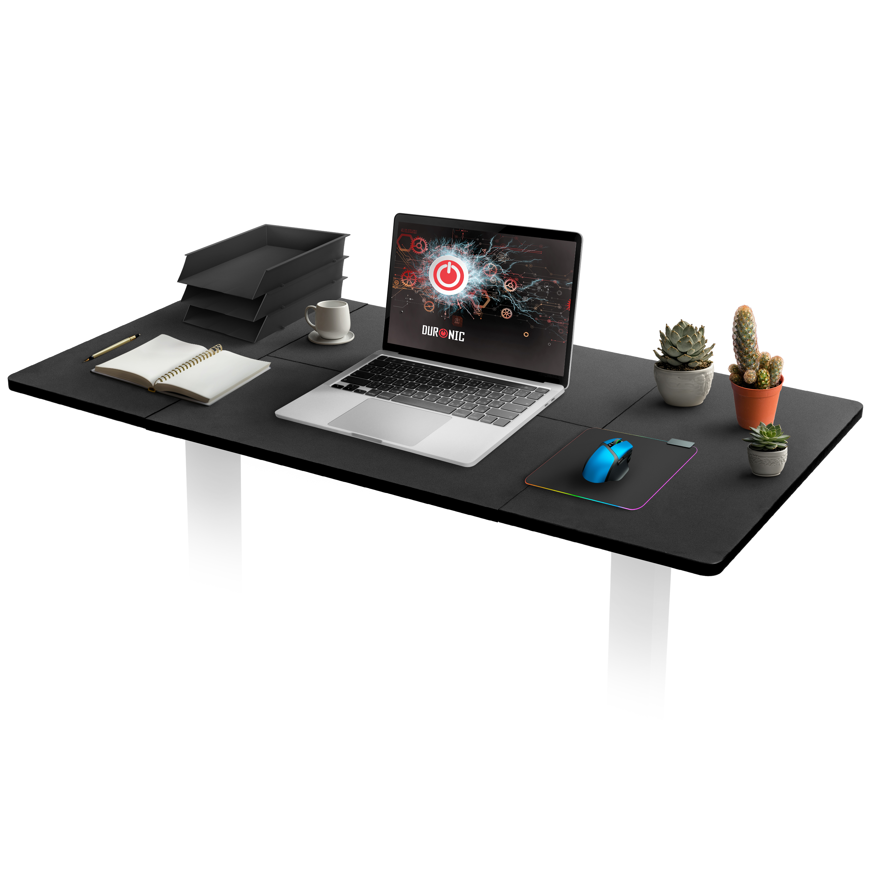 Ein Schreibtisch mit Laptop, Maus und Büromaterial. Pflanzen befinden sich auf der rechten Seite.