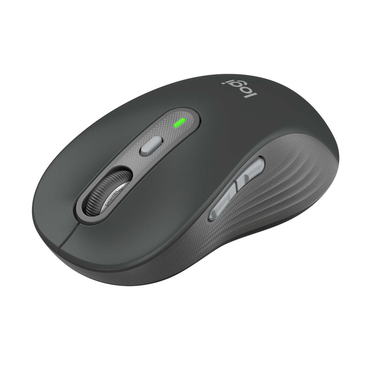 Ciemnoszara mysz Logitech. Posiada kółko przewijania, przyciski i logo Logitech.