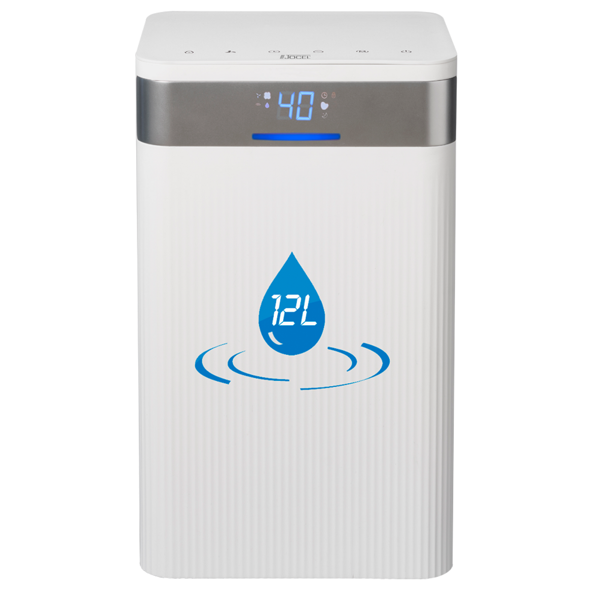 Erogatore d'acqua bianco con display blu che mostra '40'. Con logo goccia d'acqua, capacità 12L.