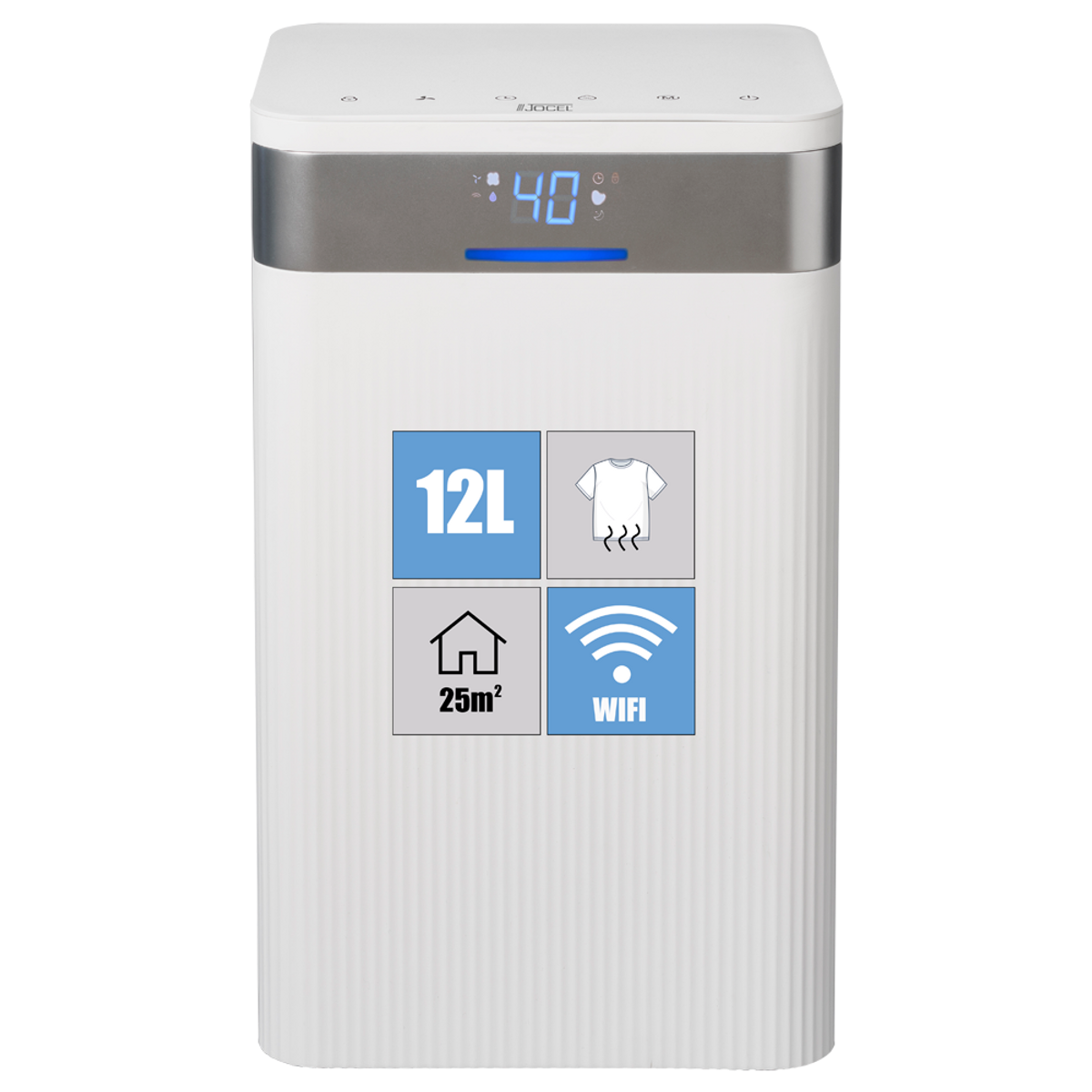 Purificatore d'aria Zoker bianco con display digitale che mostra '40'. Quattro icone per 12L, wifi e bucato.