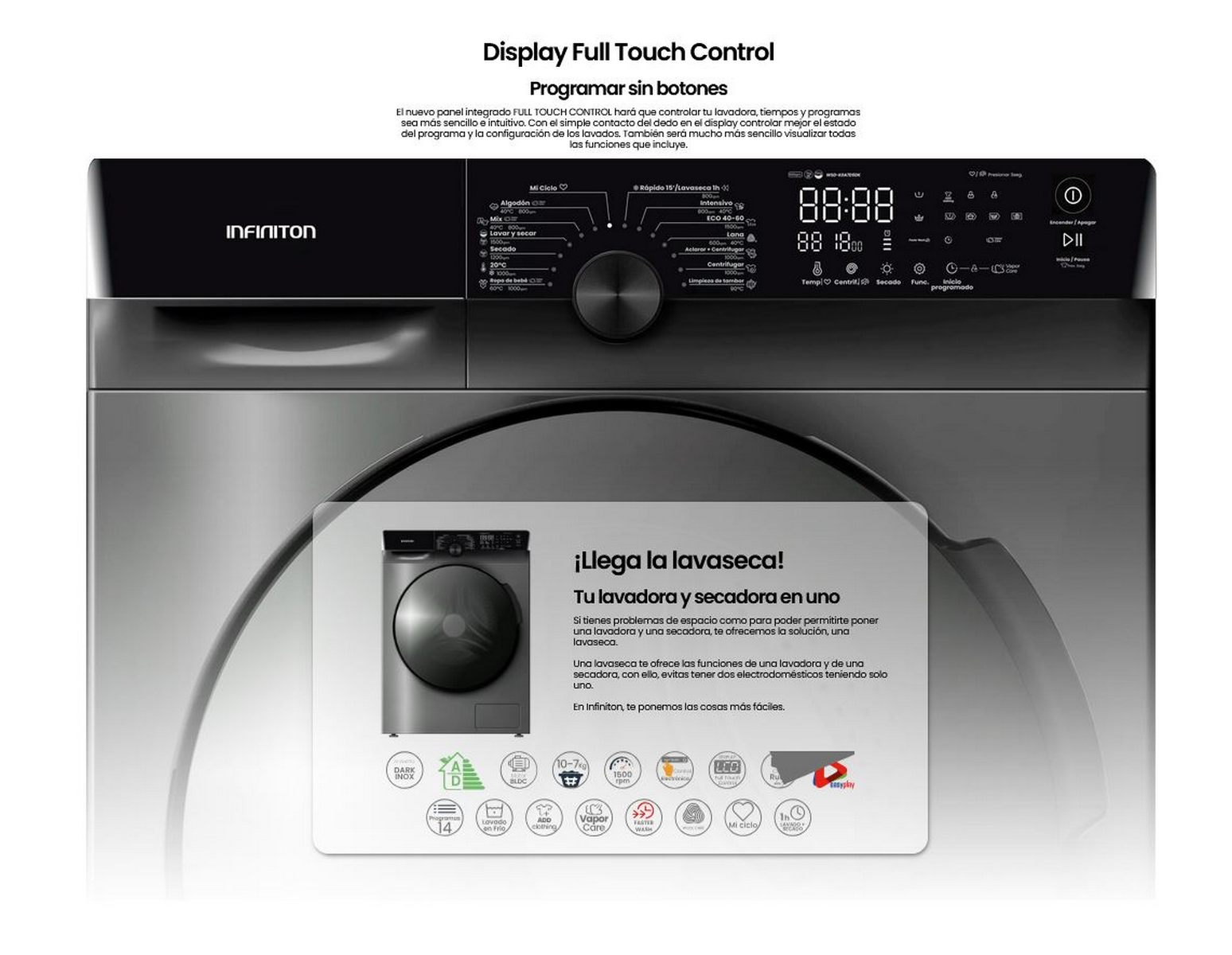 Lavadora con pantalla digital y panel de control. Texto en español e imágenes de programas de lavado.
