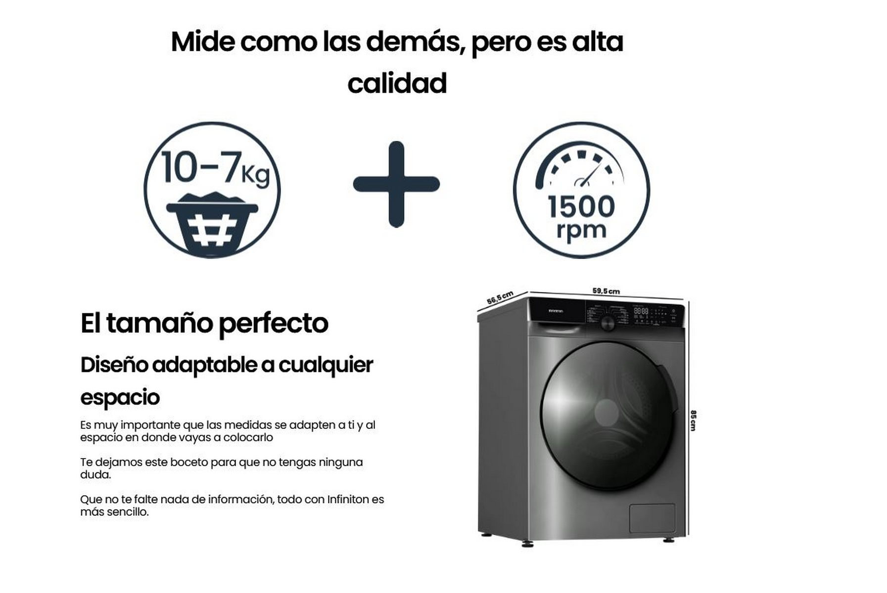 Lavadora gris, dimensiones y texto mostrados.