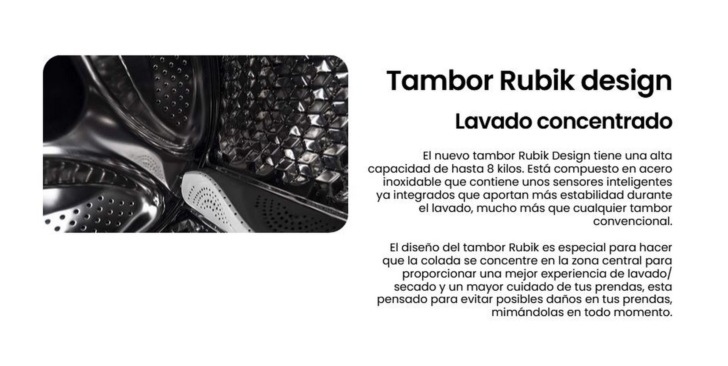 Una imagen con texto explicando el diseño del tambor de una lavadora, resaltando sus características.