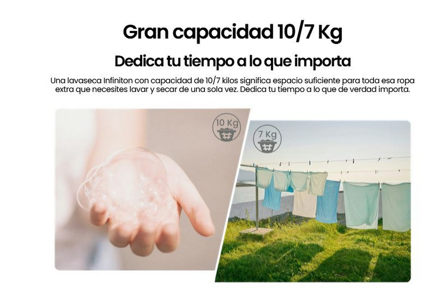 Imagen que muestra una descripción del producto de una lavadora. Texto e imágenes de ropa son visibles.