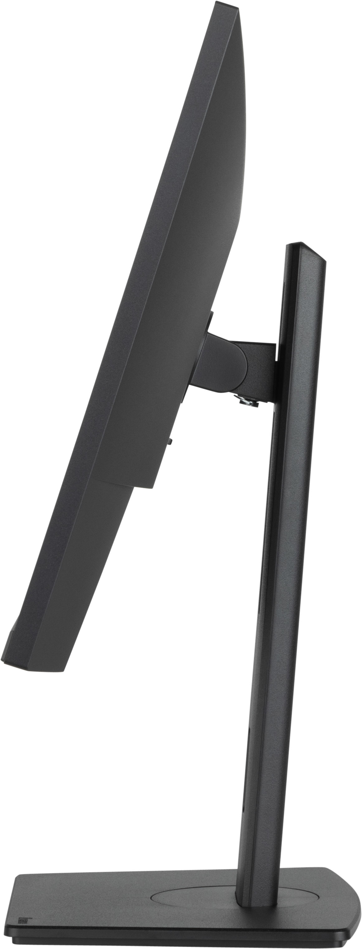 Un monitor de computadora negro desde el lateral, con soporte y base negros.