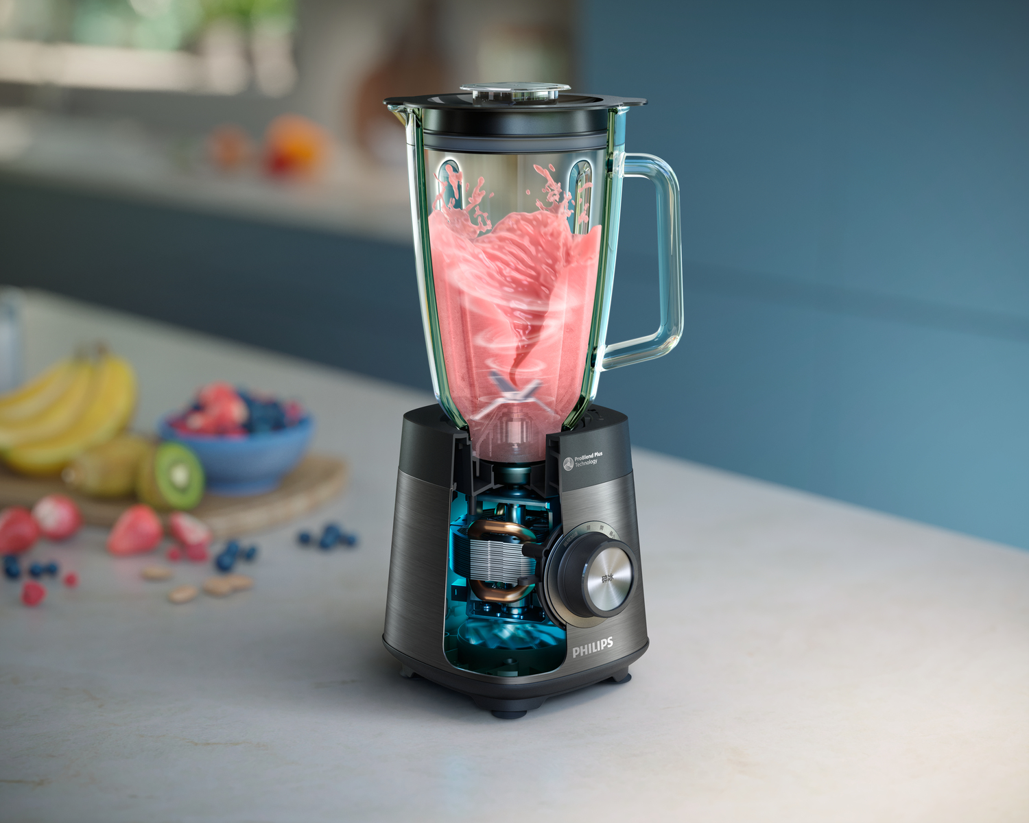 Mixer mit Schnittansicht, die Flüssigkeit und Komponenten zeigt.