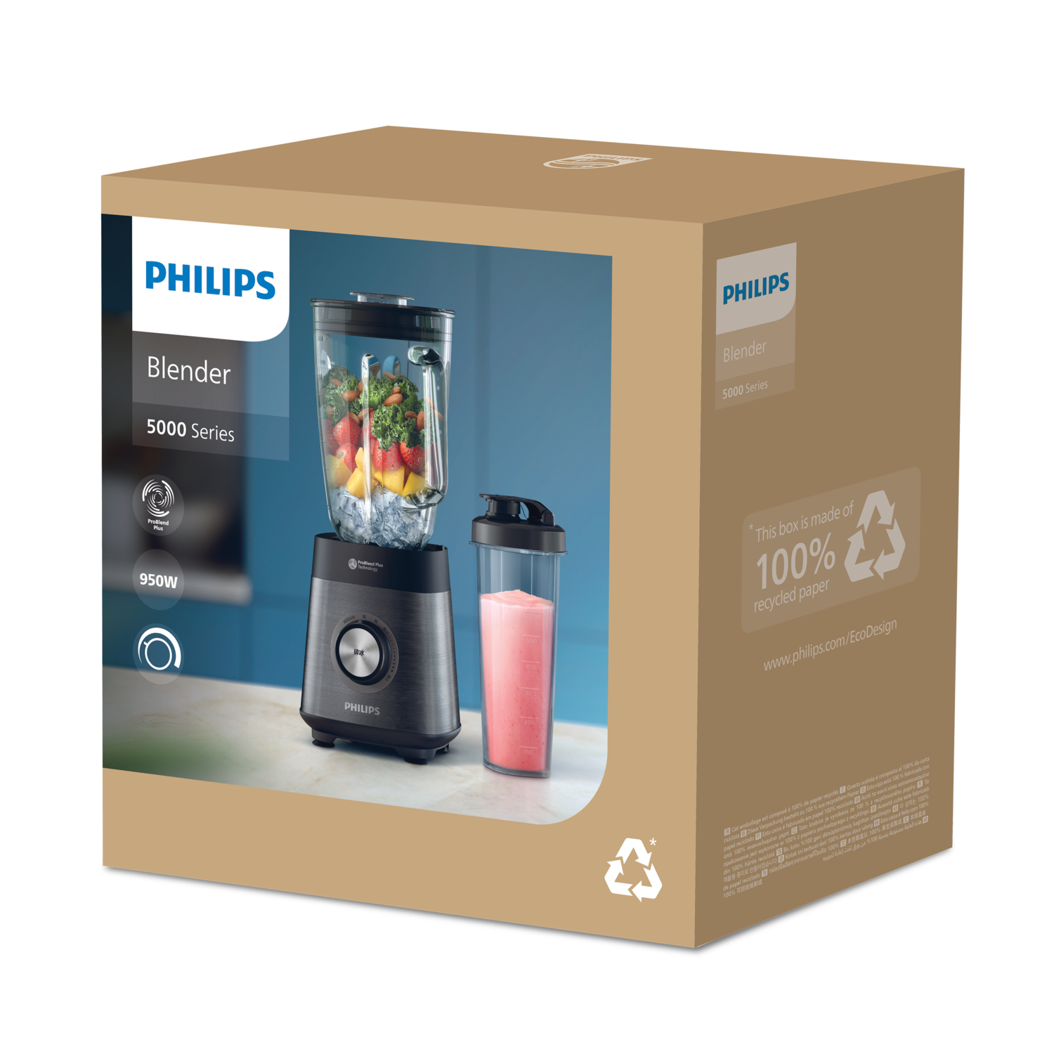 Verpackter Mixer mit Fruchtbehälter, Smoothie-Becher und Philips-Logo.