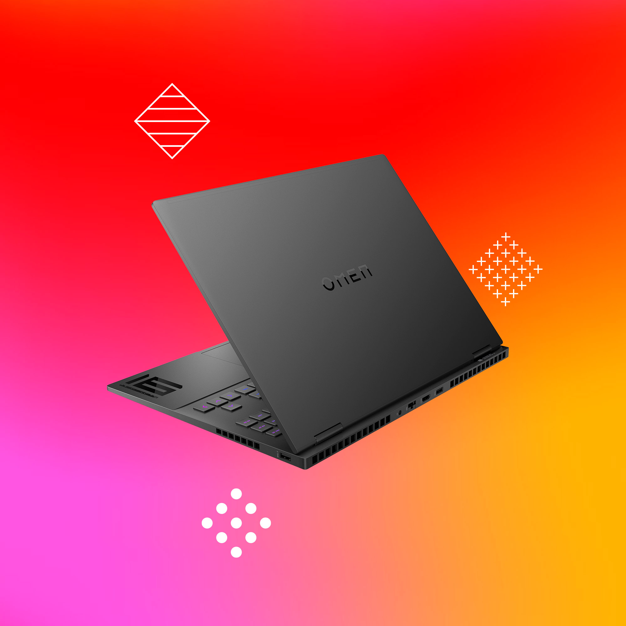 Czarny laptop z logo OMEN, otwarty na kolorowym tle gradientu.