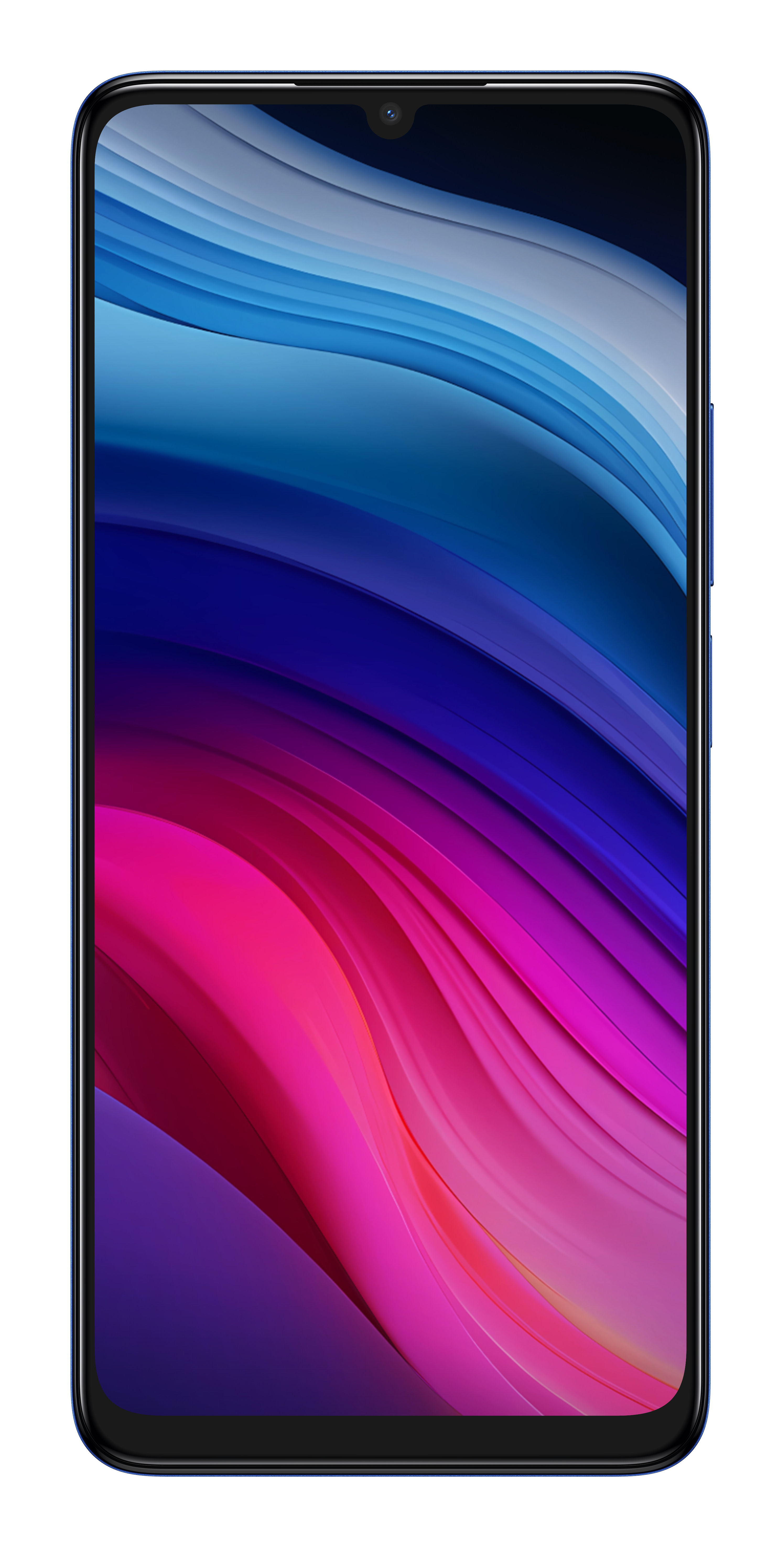 Smartphone azul. La pantalla muestra un diseño abstracto colorido. Tiene una cámara en la parte superior.