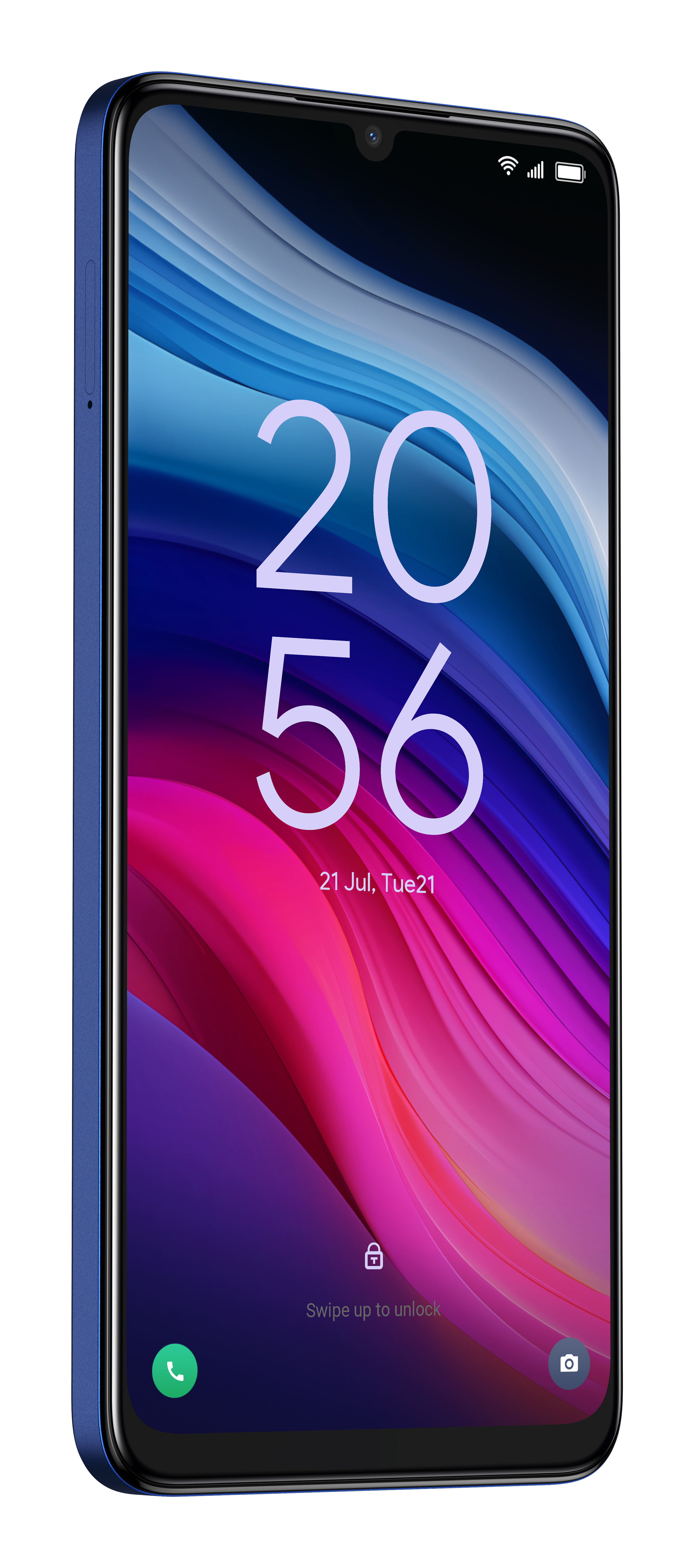 Un smartphone azul que muestra la hora y un fondo de pantalla colorido.