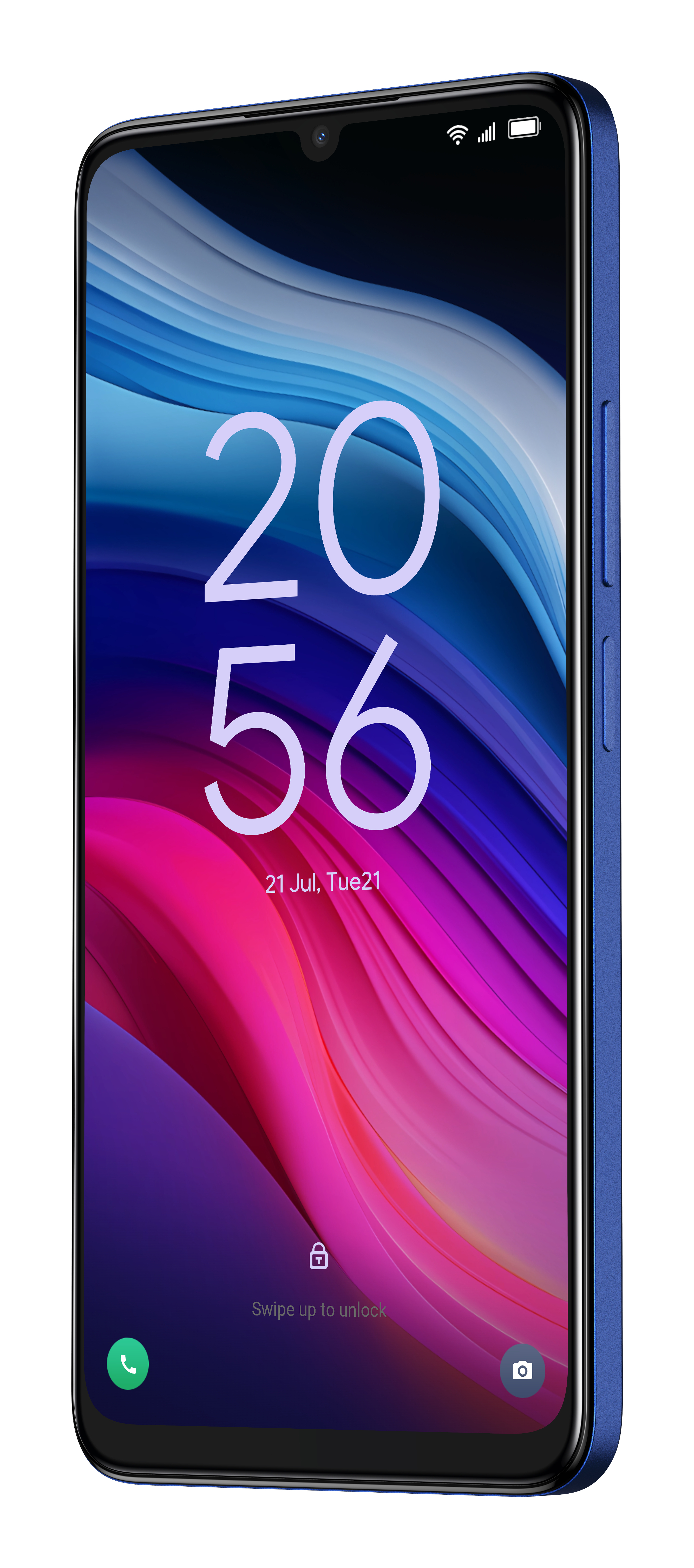 Smartphone azul mostrando la hora 20:56 y un fondo abstracto colorido.