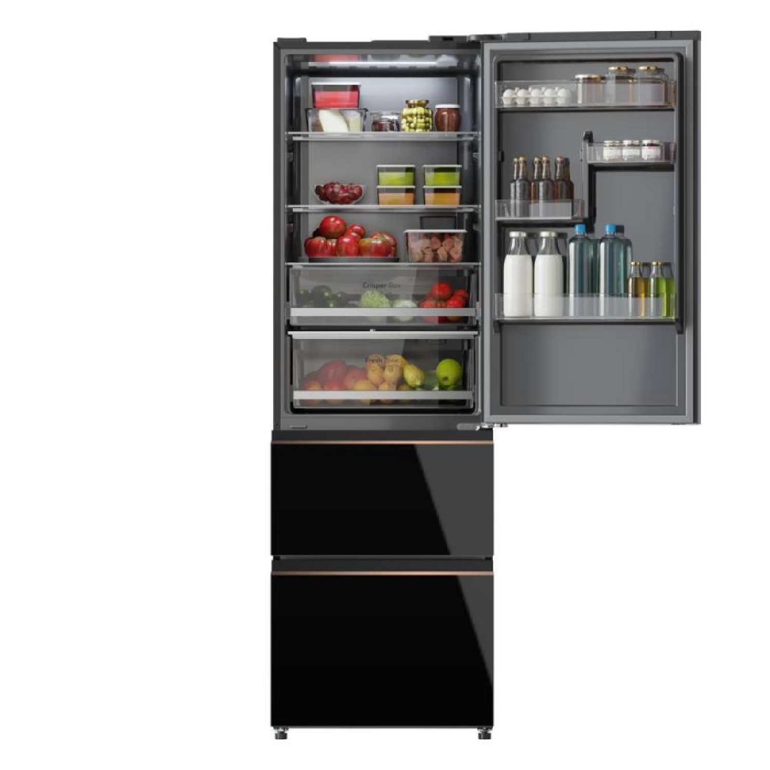 Un refrigerador negro con la puerta abierta, revelando estantes de comida y cajones de verduras.