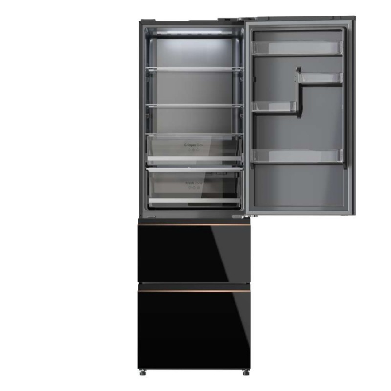 Un refrigerador negro y plateado con la puerta abierta. Tiene cajones y estantes. Fondo blanco.