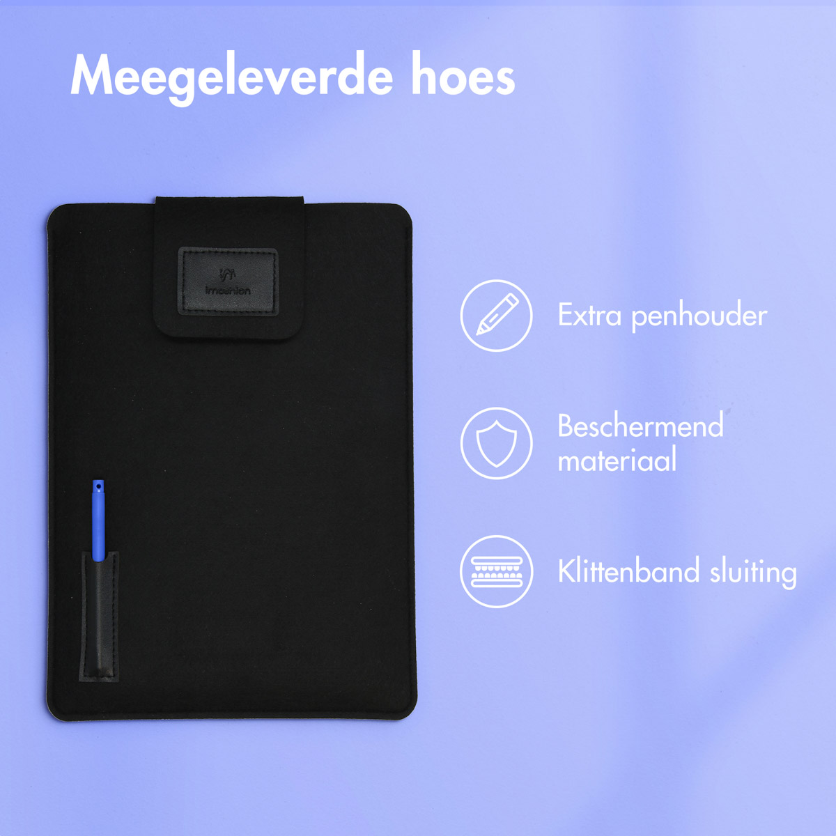 Black tablet sleeve with extra pen holder, made of protective material.