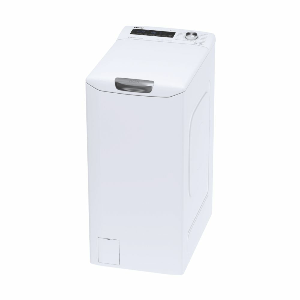 Lavadora Haier blanca. Diseño de carga superior, con panel de control. Fondo blanco.