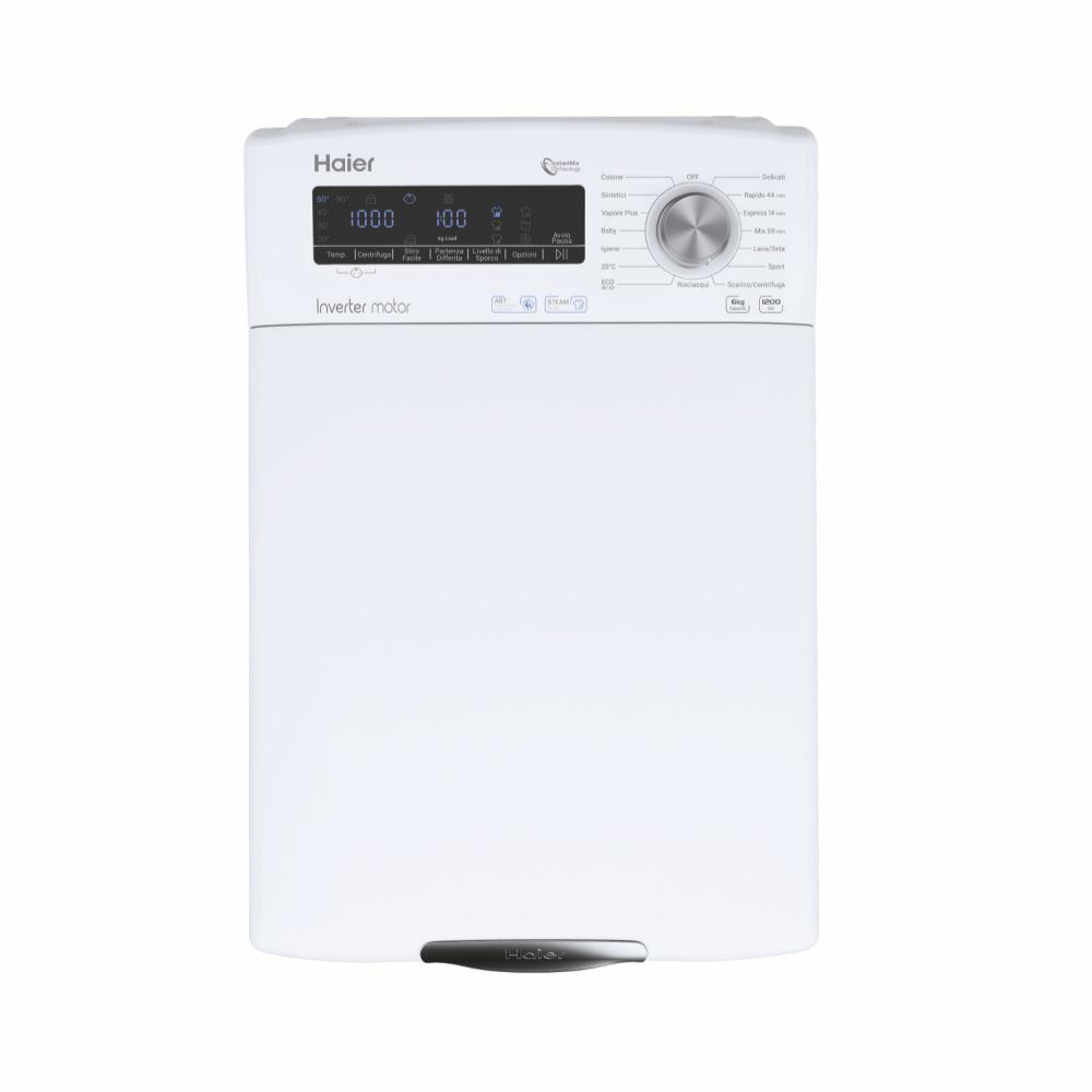 Lavadora Haier blanca, vista frontal, con pantalla digital y panel de control.