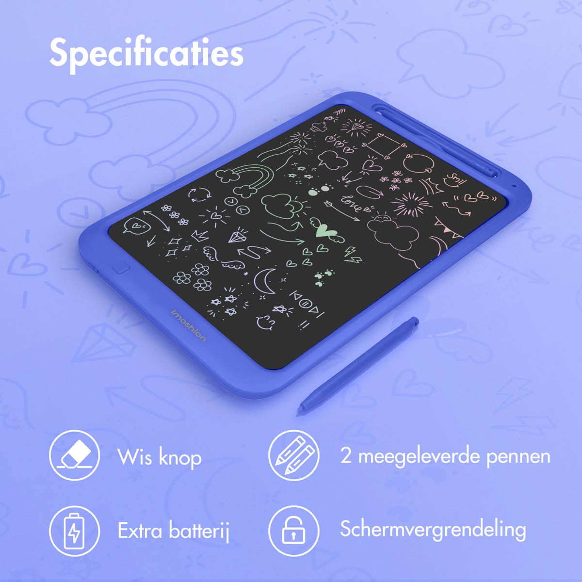 Blue drawing tablet with drawings on the screen, blue pen on the side.