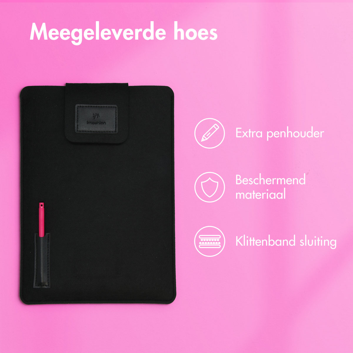Black laptop sleeve with a pink pen. Text labels for features.