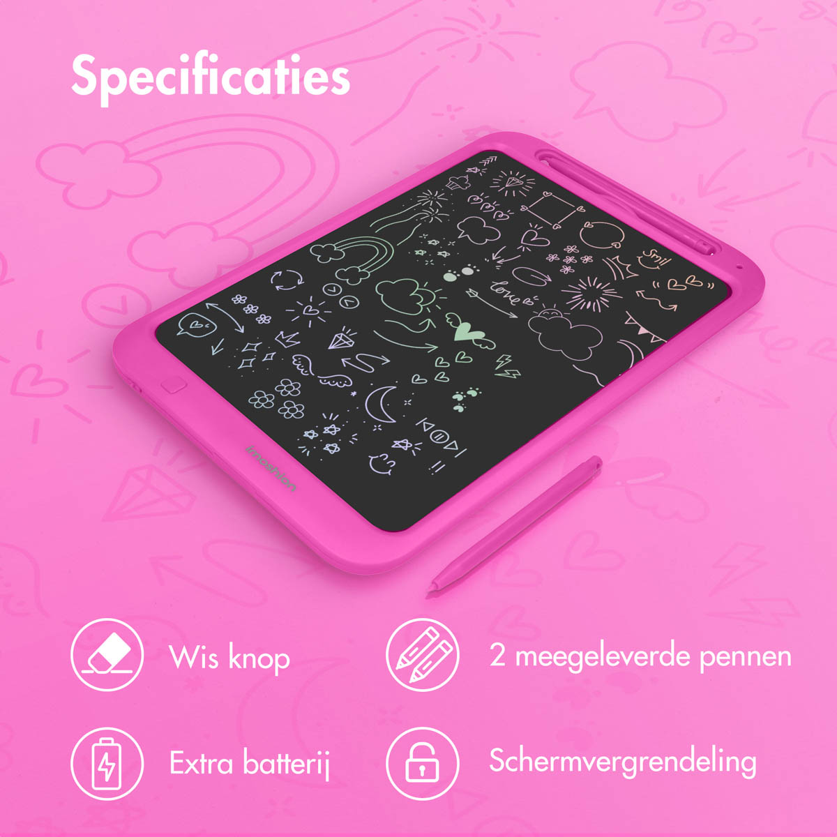 Pink drawing tablet with drawings, a pen, and icons: extra battery, lock.
