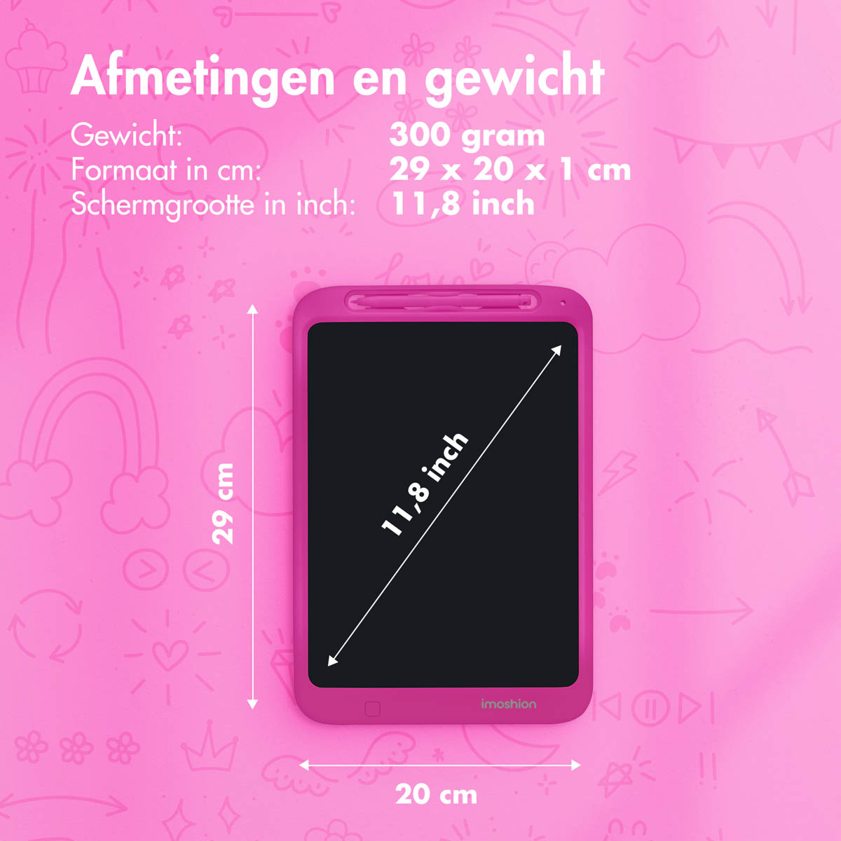 Pink tablet with dimensions and weight information. A stylus rests on the side.