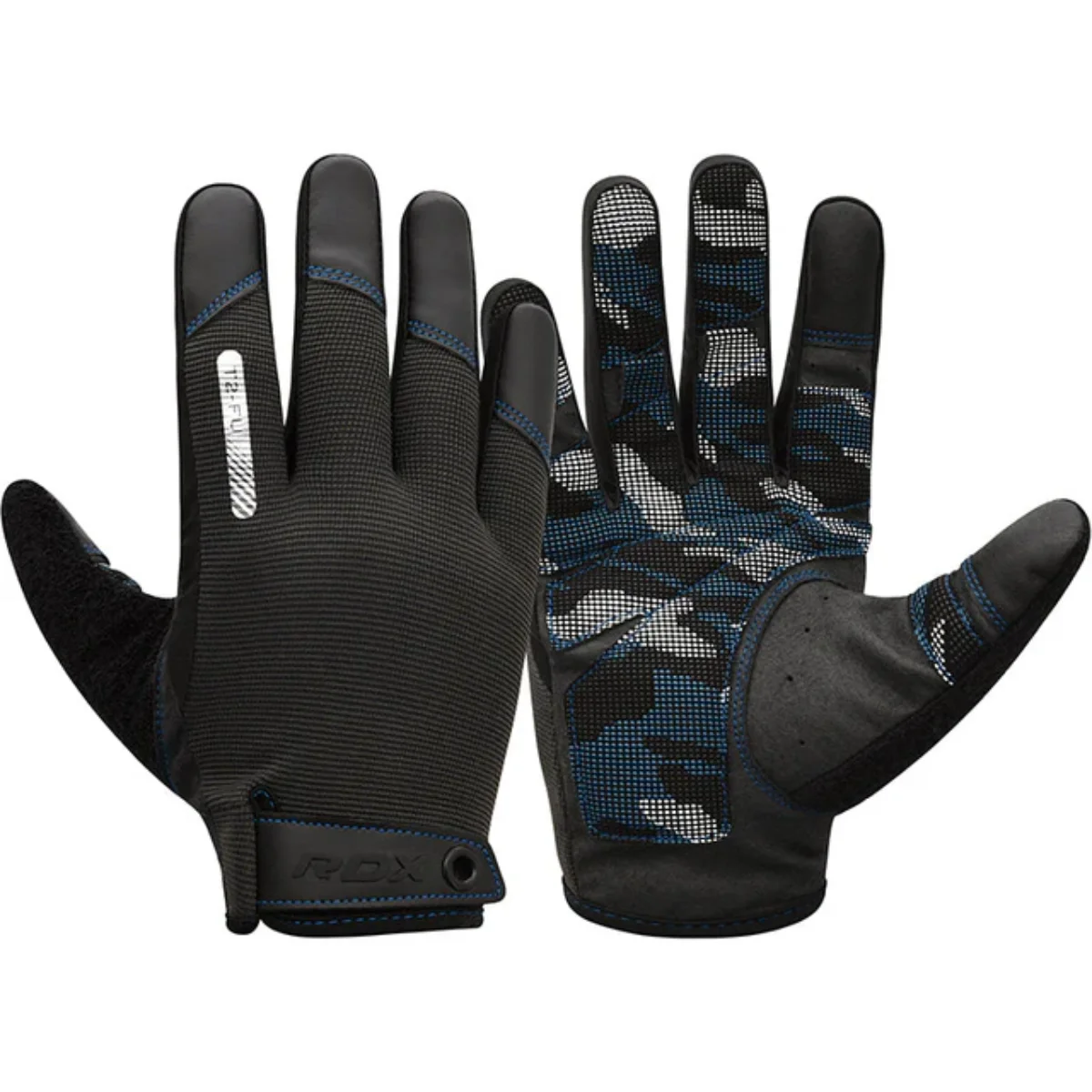 Paire de gants noirs avec motif camouflage bleu sur la paume. Logo RDX visible.