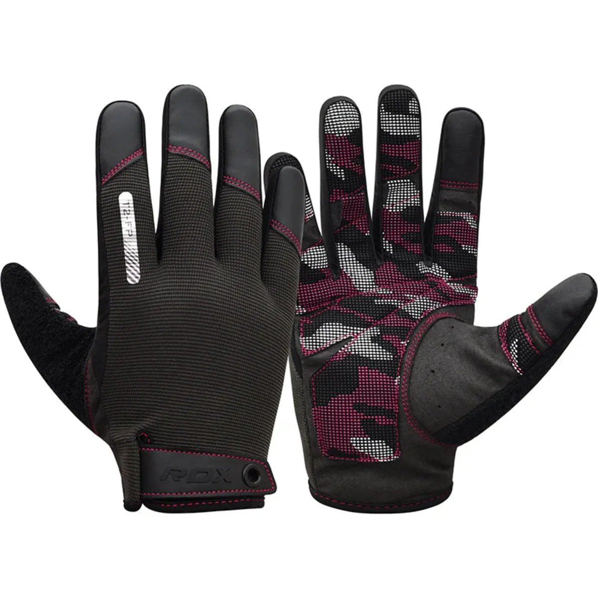 Paire de gants de boxe noirs et roses avec un motif camouflage.