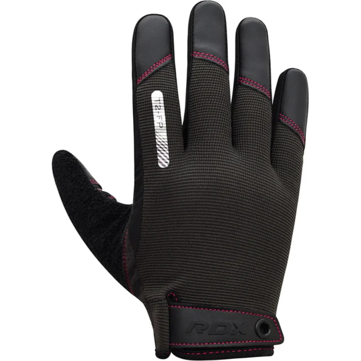 Gant noir avec coutures roses et logo RDX. Avec coussinets et sangle de poignet.