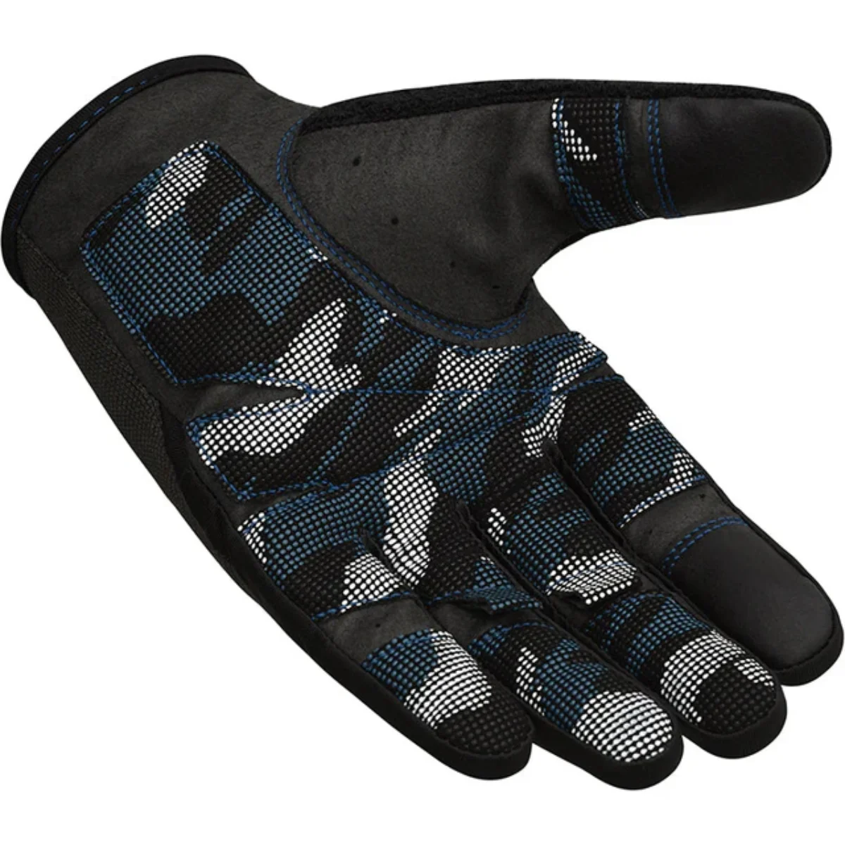 Gant d'exercice noir avec motif camouflage bleu. Le gant est incliné et montre la paume.
