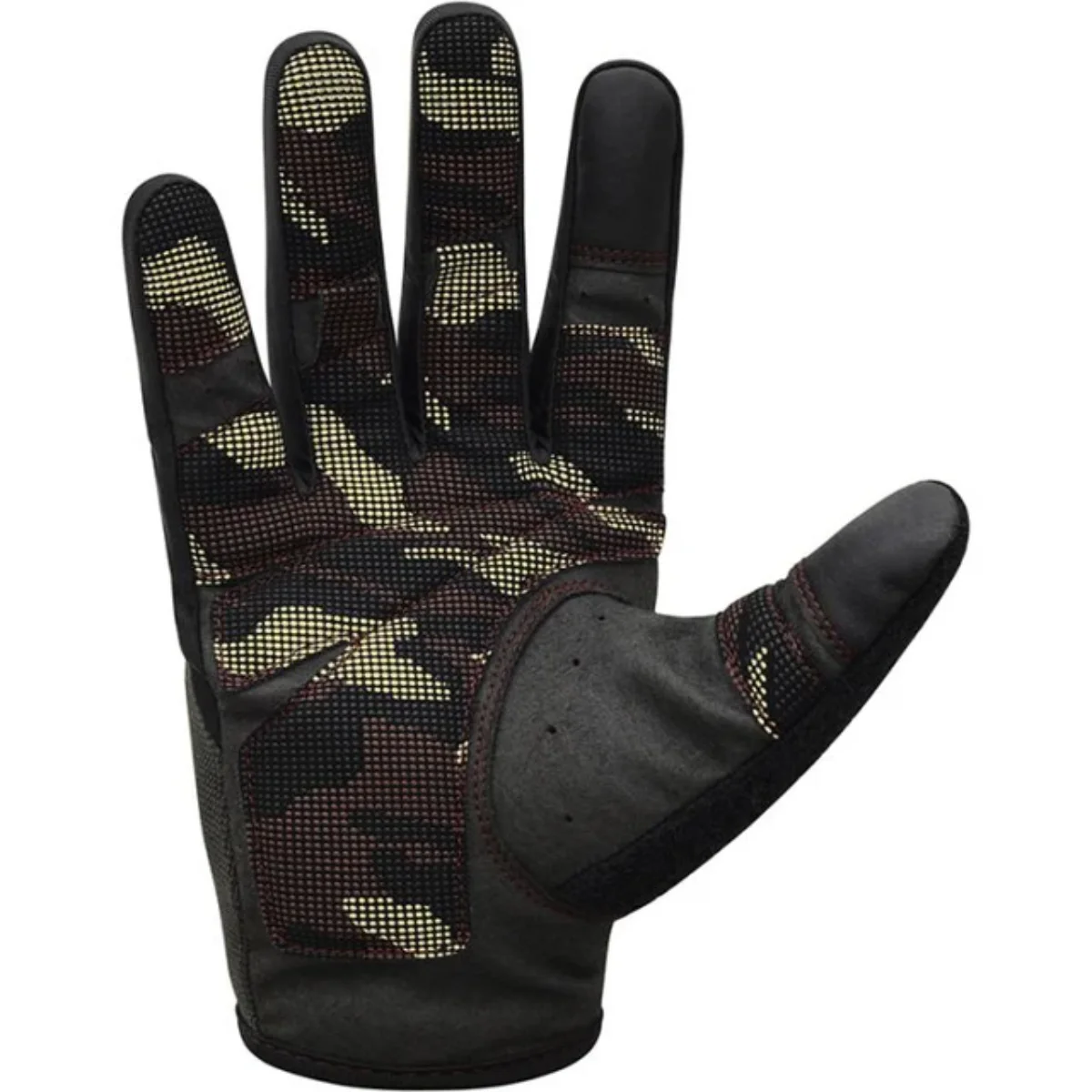 A black and camouflage glove, palm up.