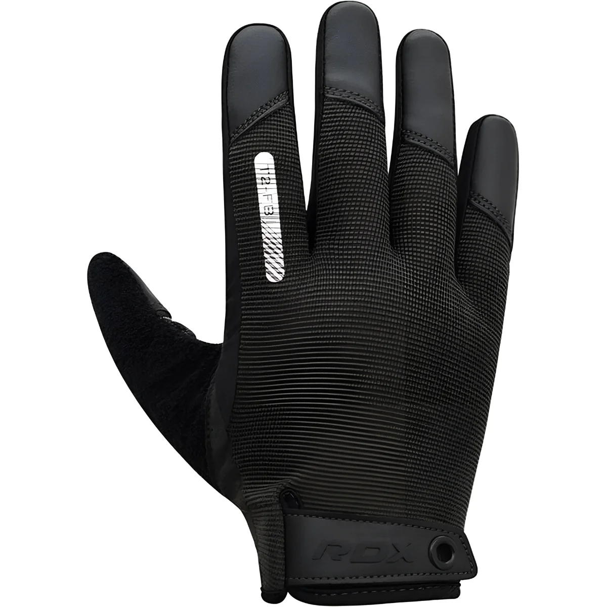 Black work glove with finger pads, RDX logo on wrist strap. Ribbed texture on back.