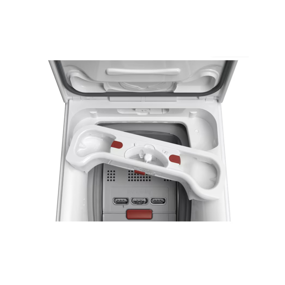 Wewnątrz białej pralki szuflada na detergent jest otwarta. Widoczne są czerwone przyciski.