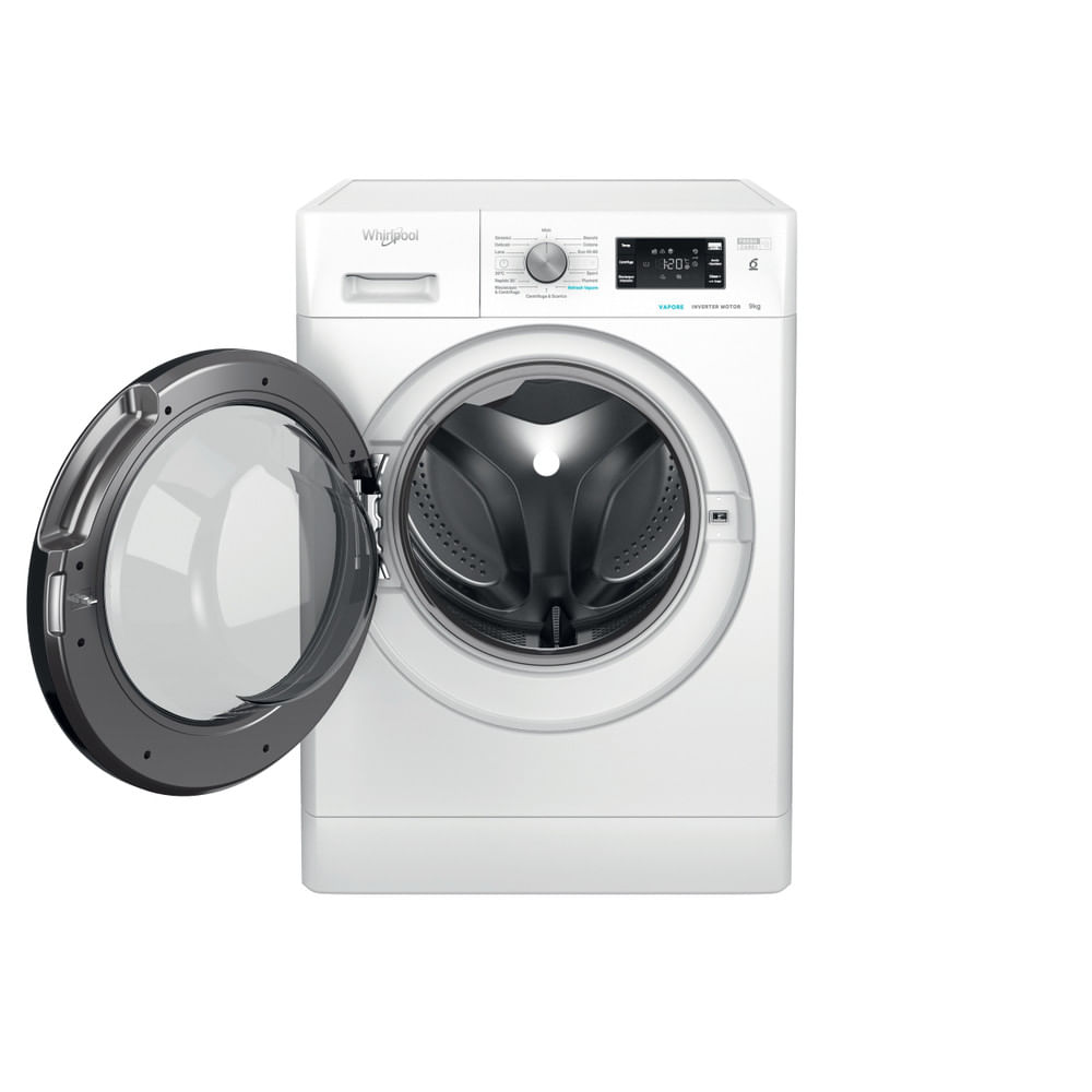 Una lavatrice Whirlpool bianca con la porta aperta, che rivela l'interno.