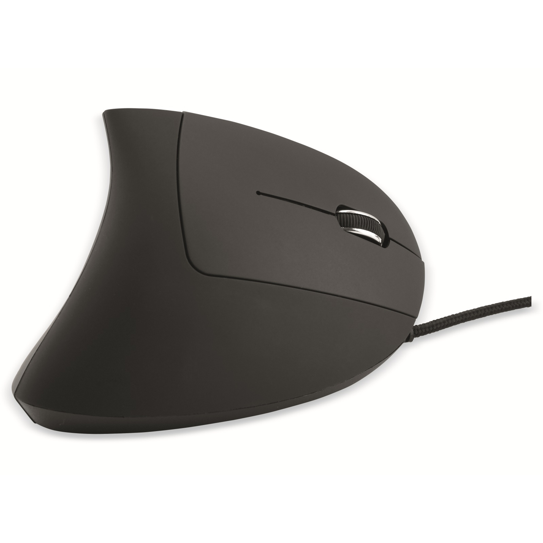 Czarna, ergonomiczna mysz z pochyloną konstrukcją dla wygodnego użytkowania.