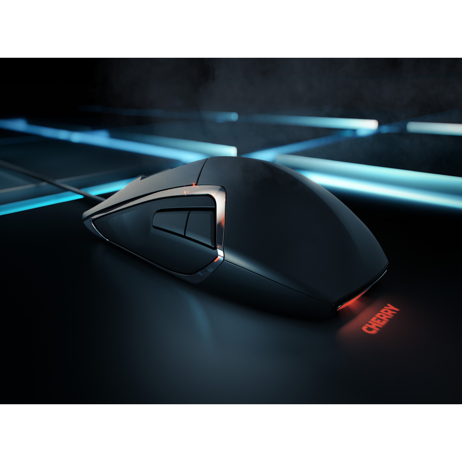 Czarna mysz do gier z czerwonym światłem, na ciemnej powierzchni z niebieskimi liniami. Słowo "CHERRY" jest podświetlone.
