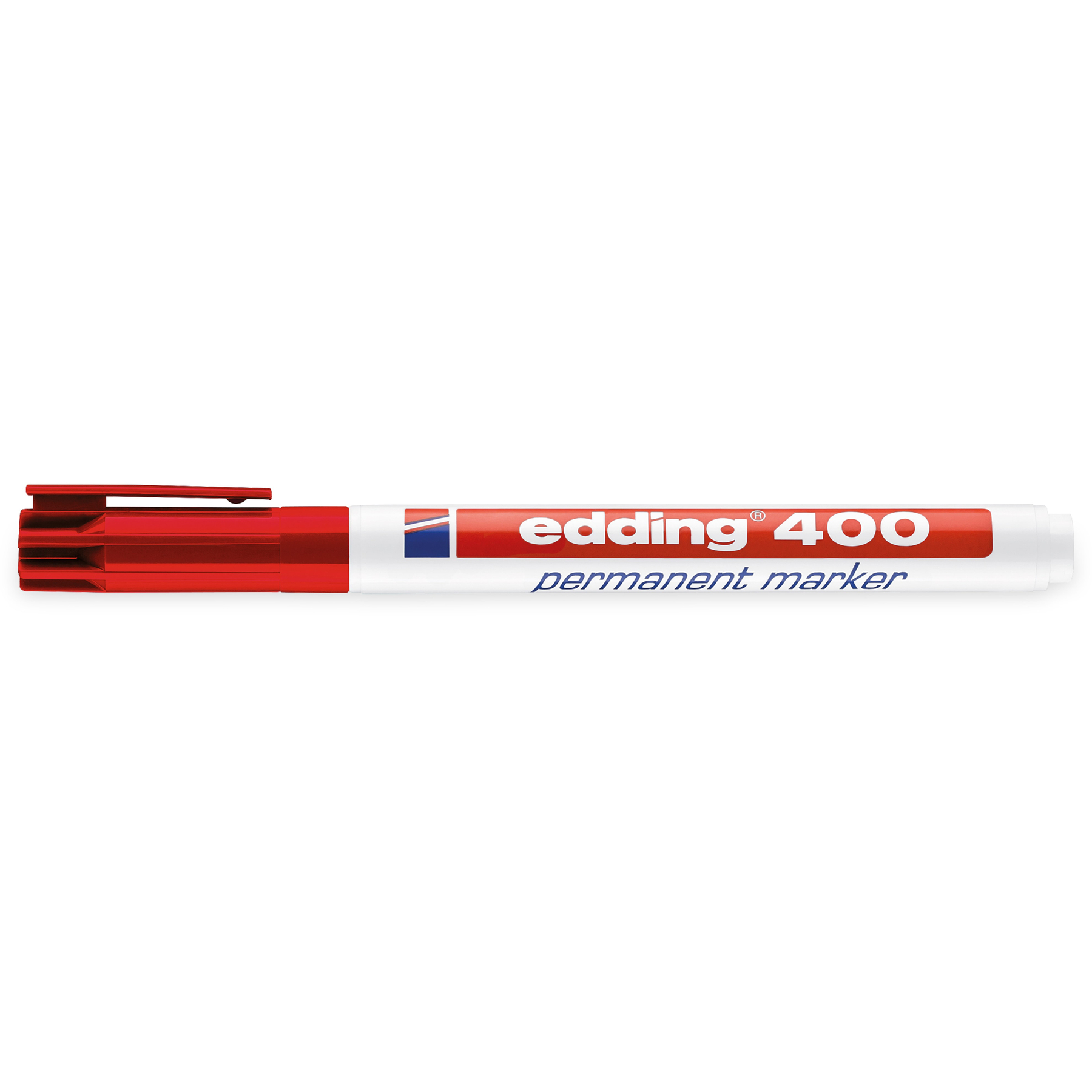 Ein roter Edding 400 Permanentmarker. Er hat einen weißen Körper mit roter Kappe und roter Schrift.