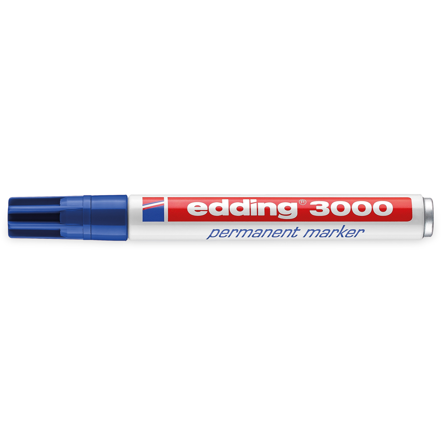 Ein Edding 3000 Permanentmarker, blaue Spitze und weißer Körper mit rotem und weißem Branding.