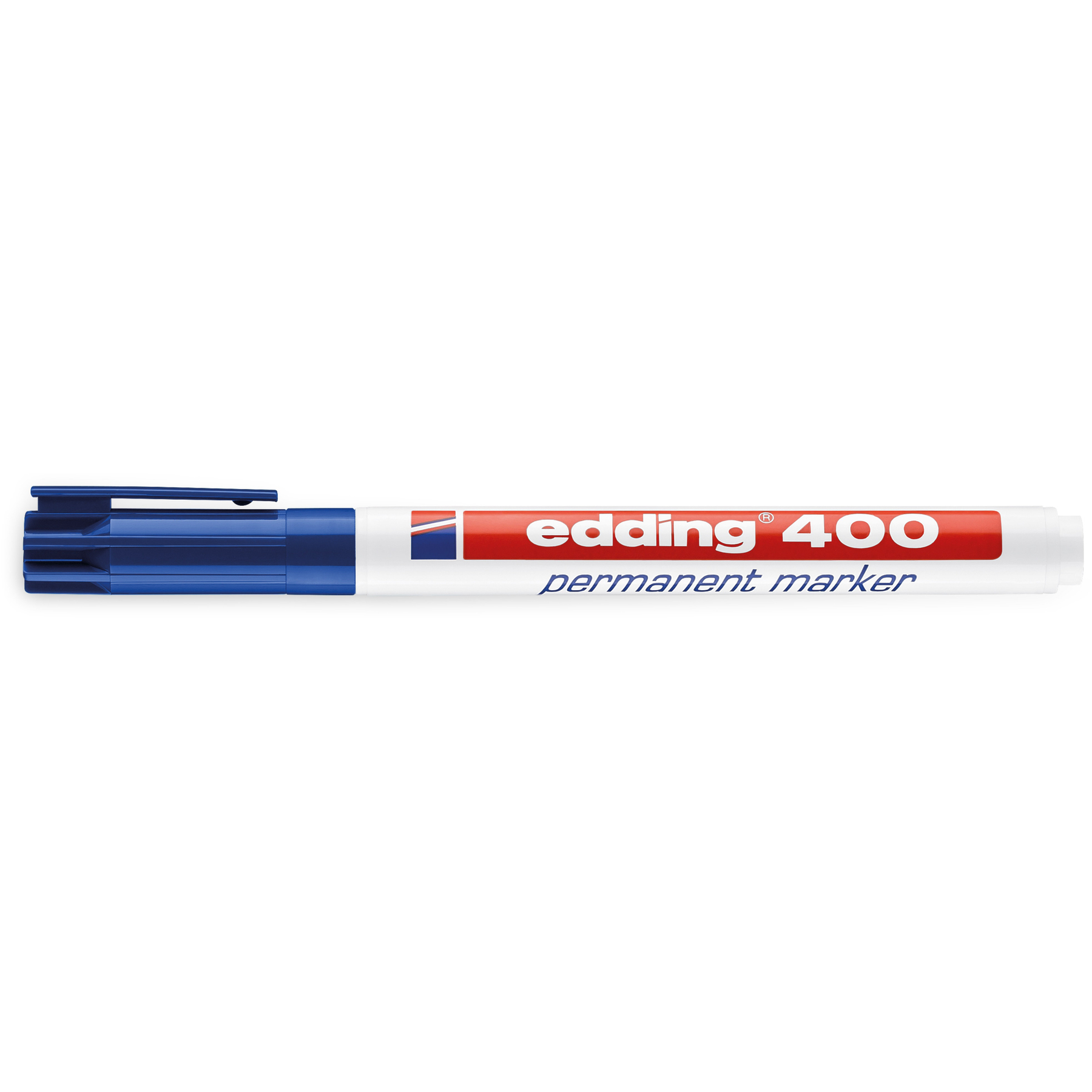 Blauer und weißer Edding 400 Permanentmarker auf weißem Hintergrund.