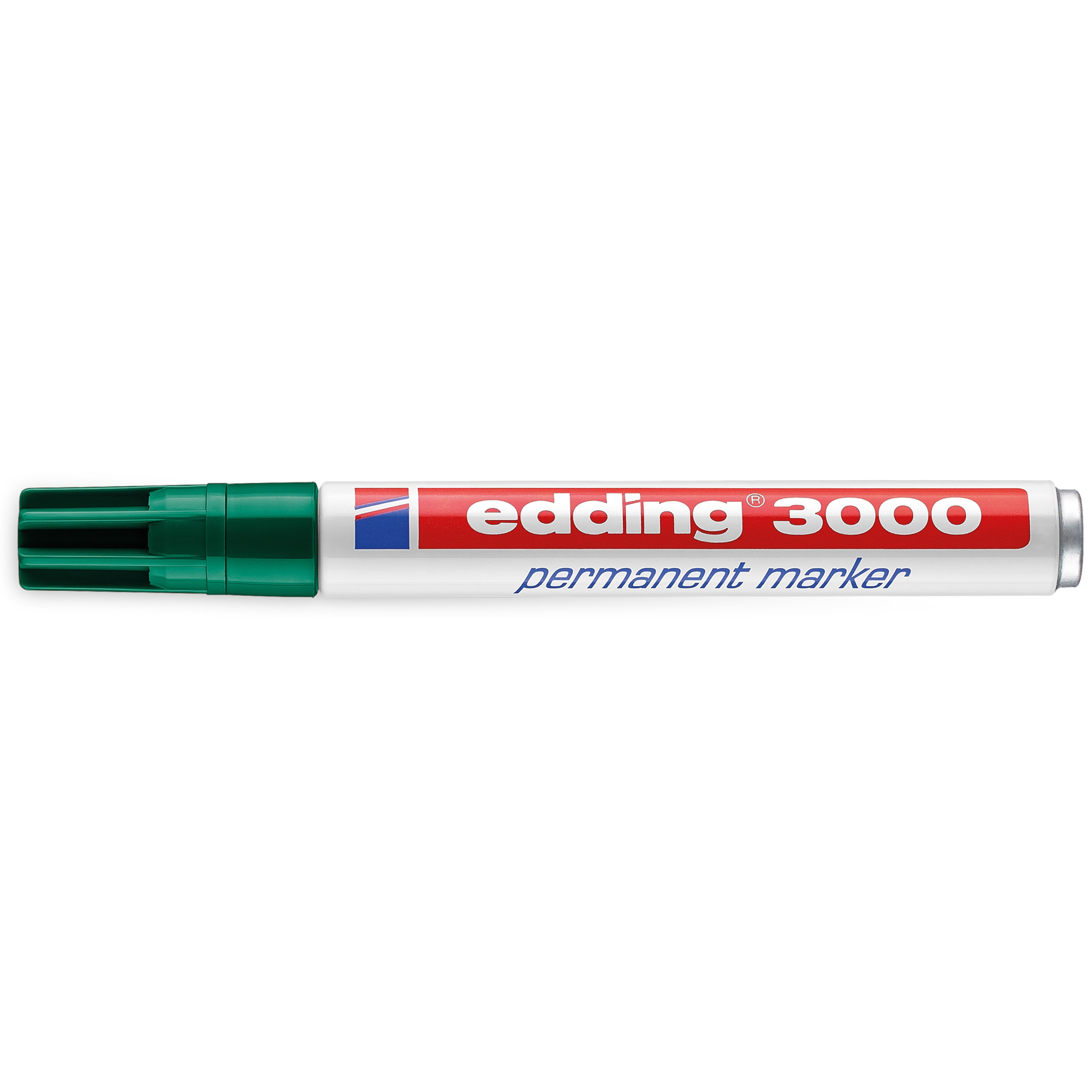 Edding 3000 Permanentmarker, grüne Spitze, weißer Körper, roter Text und grüne Kappe.