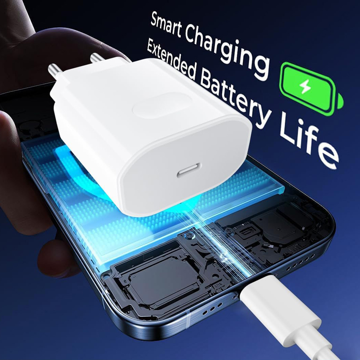 Cargador blanco enchufado a un teléfono. El texto dice "Smart Charging Extended Battery Life".