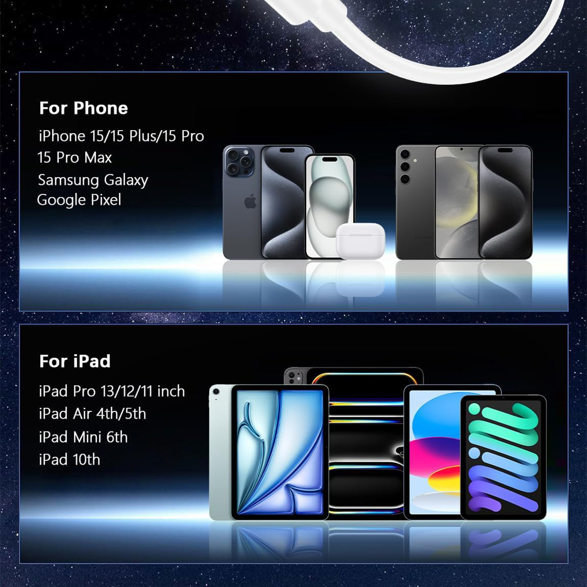 Teléfonos y iPads con texto. Incluye modelos de iPhone, Samsung e iPad.