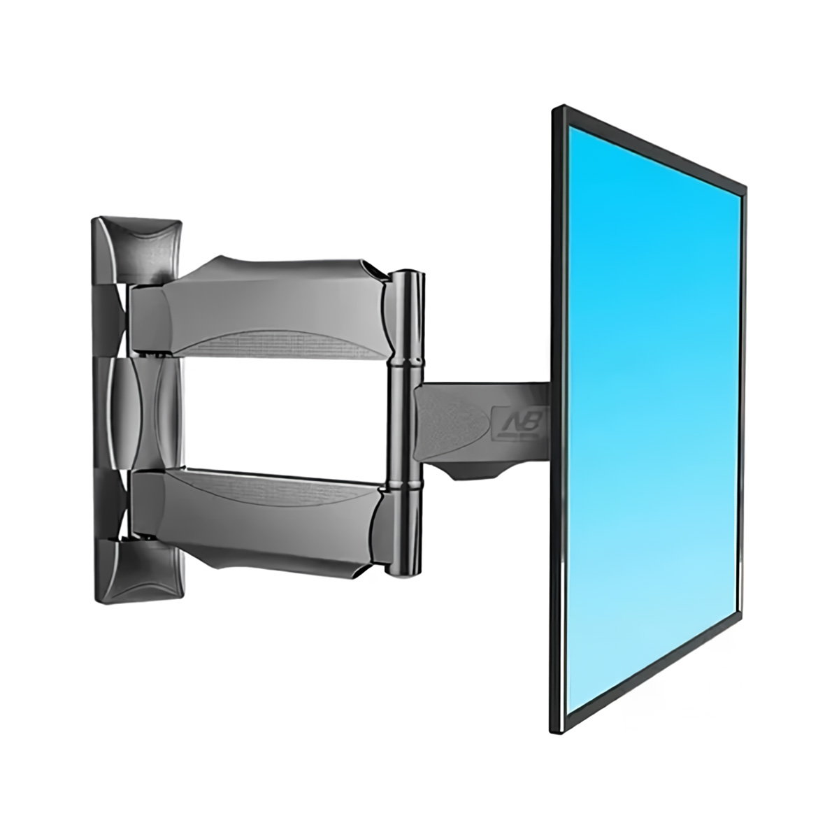 Soporte de pared para TV, con brazos de metal gris, montado en una pared, se ve la pantalla azul.