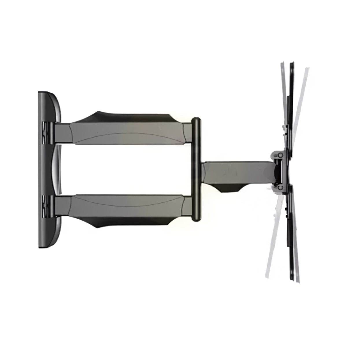 Soporte de pared para TV negro, vista extendida, con fondo blanco.