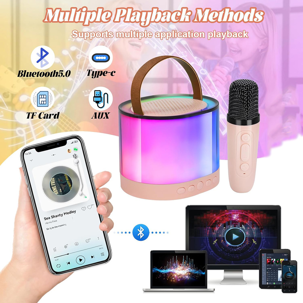 Un altavoz y micrófono portátiles con un teléfono y otros dispositivos alrededor.