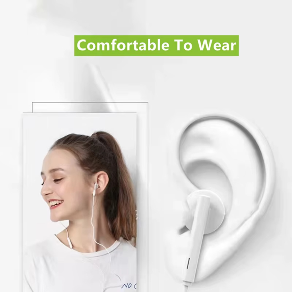 Una mujer con auriculares con un auricular blanco en la oreja, junto a una ilustración grande de una oreja.