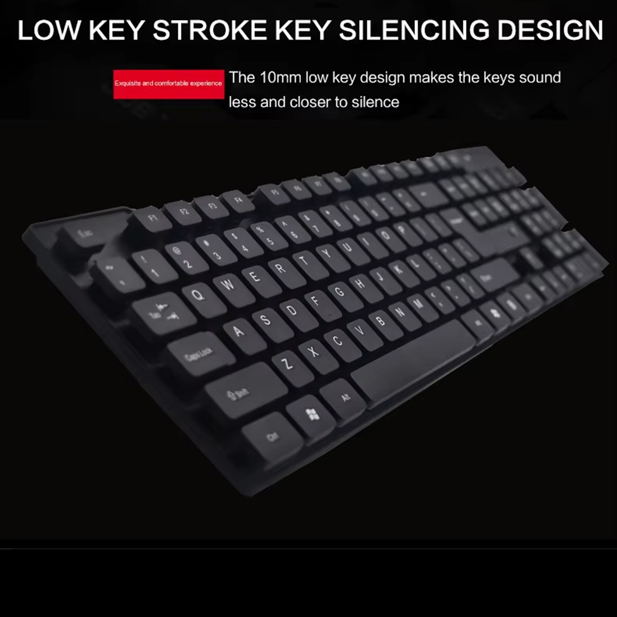 Teclado negro con teclas blancas y texto sobre diseño de teclas bajas.