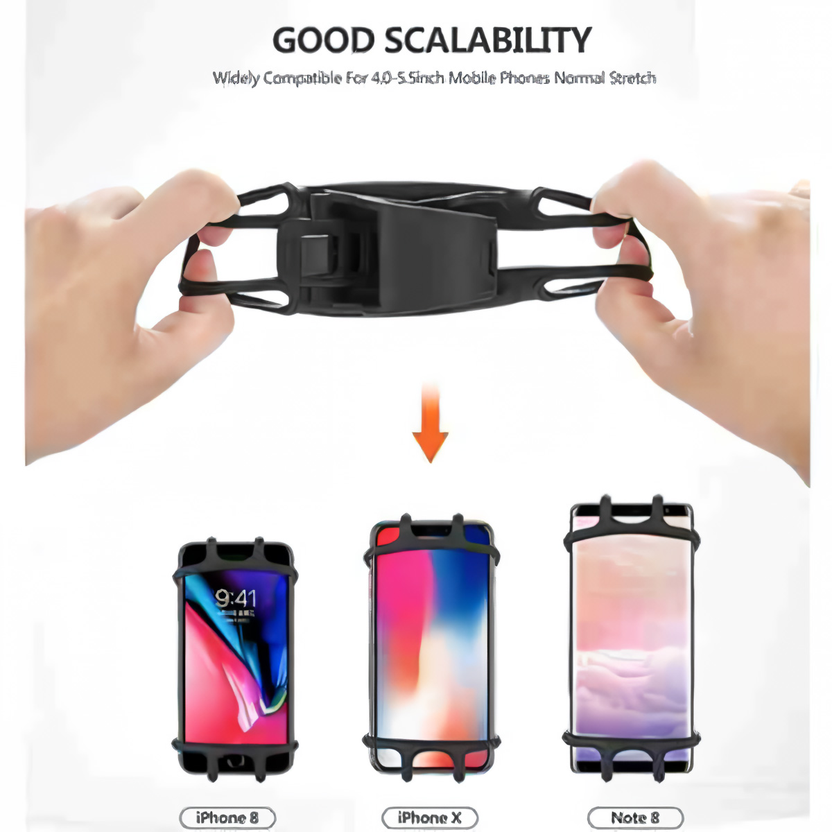 Un soporte para teléfono con tres teléfonos, mostrando cómo sujeta diferentes tamaños de teléfono.