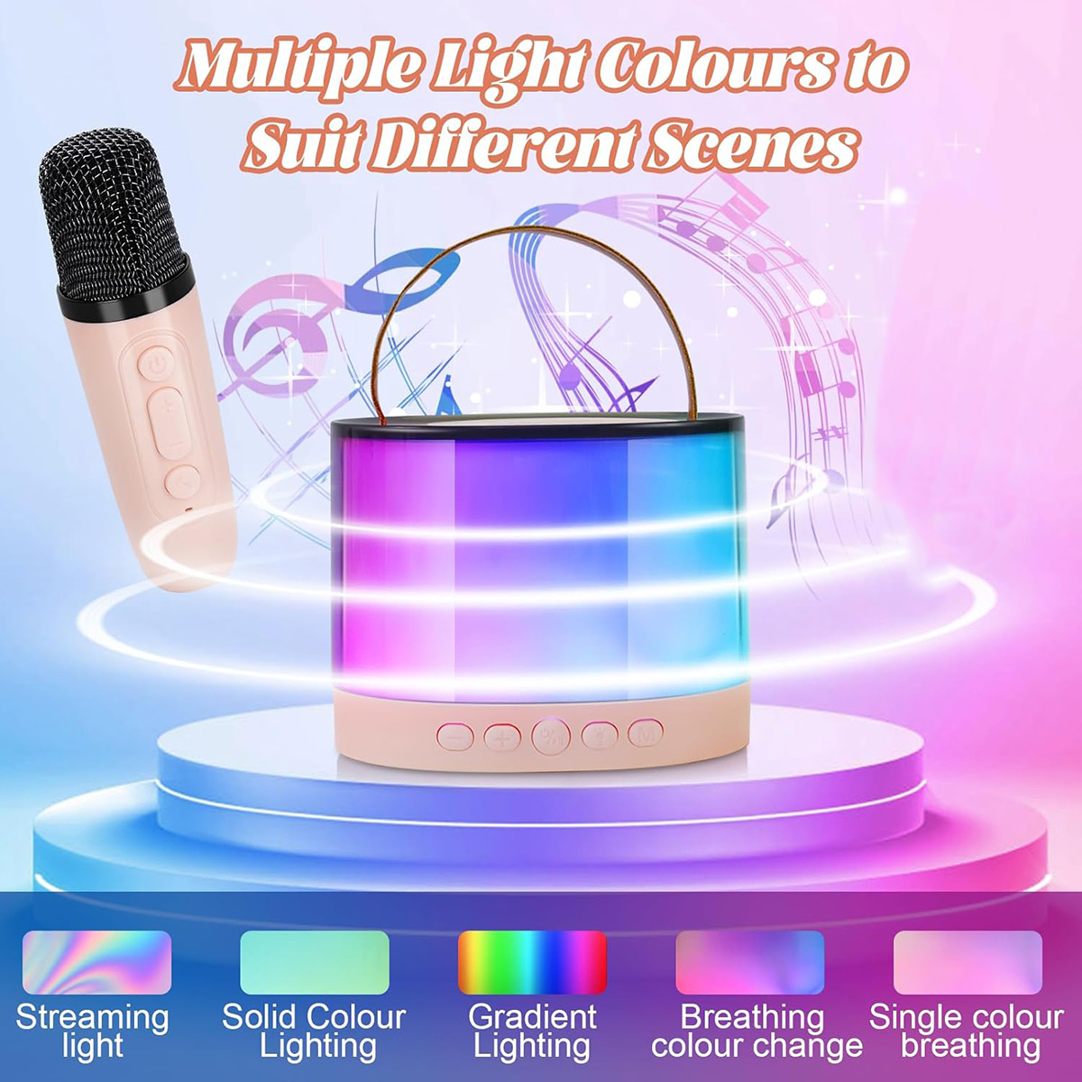 Luz colorida con micrófono y etiquetas de texto: Luz continua, Color sólido, Gradiente, Cambio de respiración.