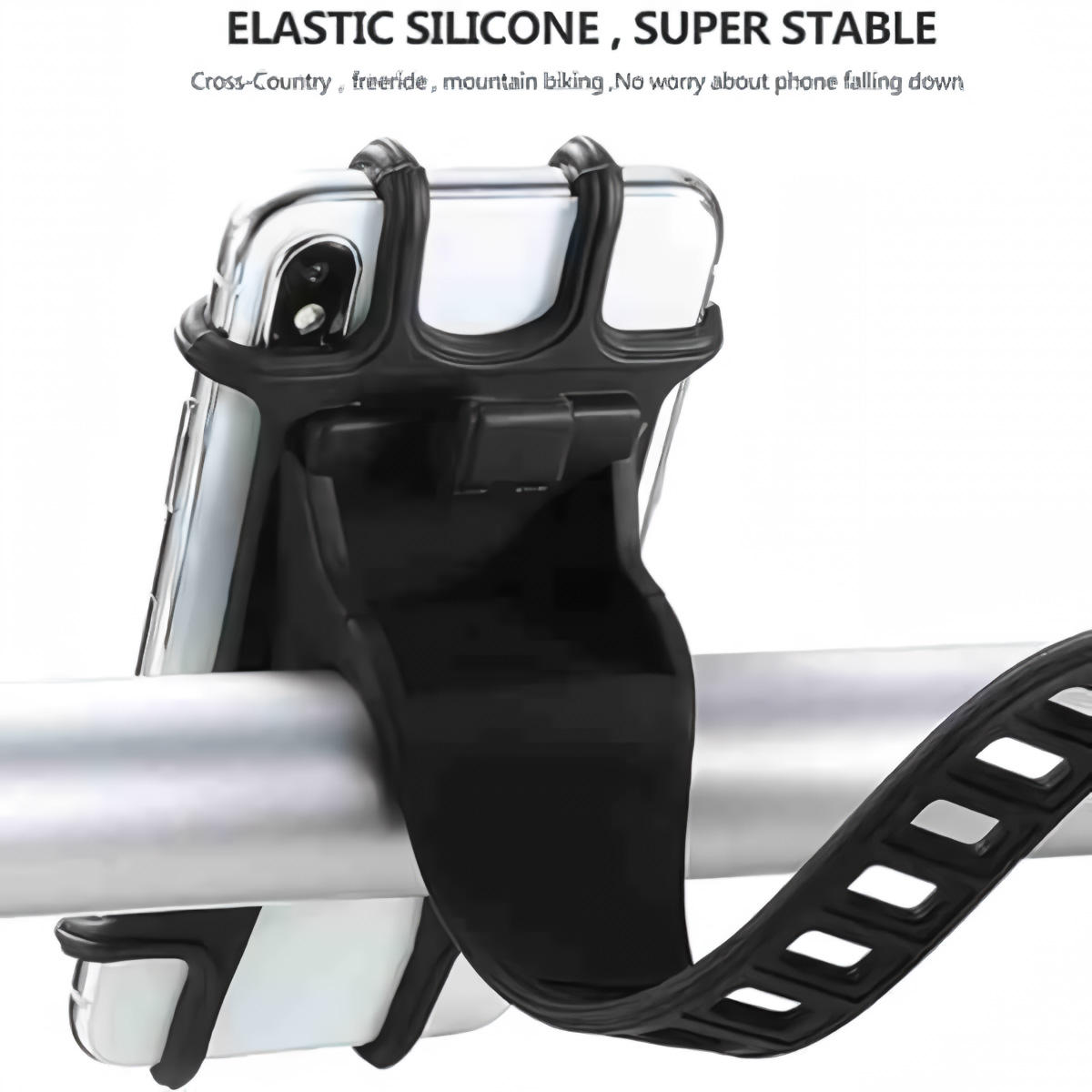 Soporte negro para teléfono de bicicleta. Sujeta un teléfono, sujeto al manillar.