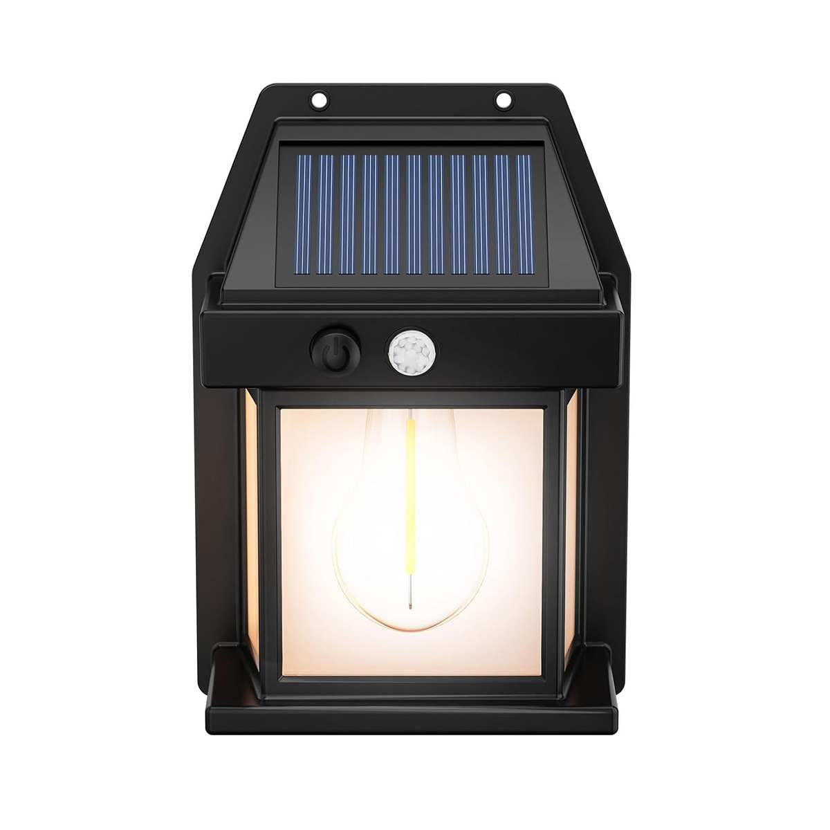 Lámpara exterior negra con energía solar. Cuenta con una bombilla y un panel solar.